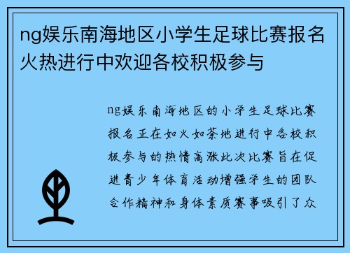 ng娱乐南海地区小学生足球比赛报名火热进行中欢迎各校积极参与