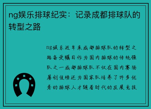 ng娱乐排球纪实：记录成都排球队的转型之路