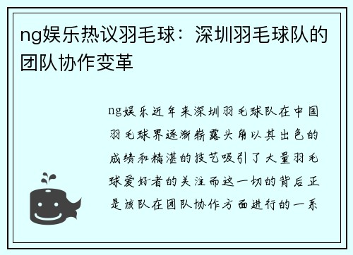 ng娱乐热议羽毛球：深圳羽毛球队的团队协作变革
